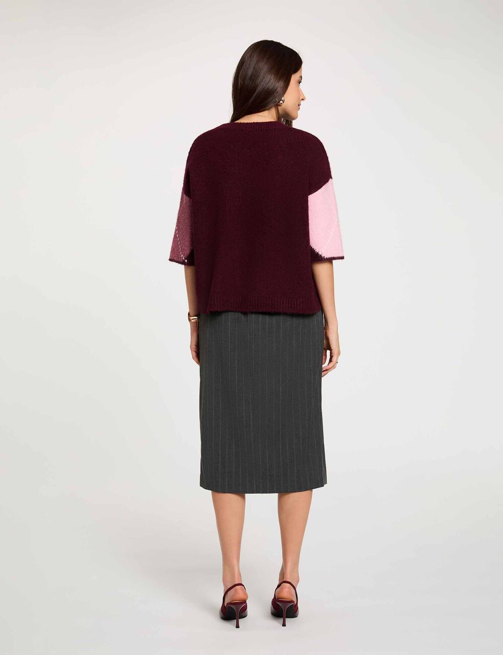 Pull jacquard col rond prune femme