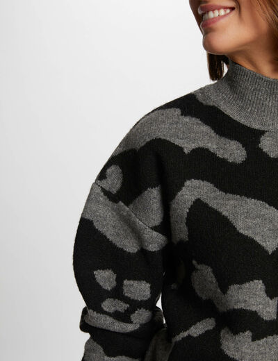 Pull col montant imprim&eacute; gris anthracite femme