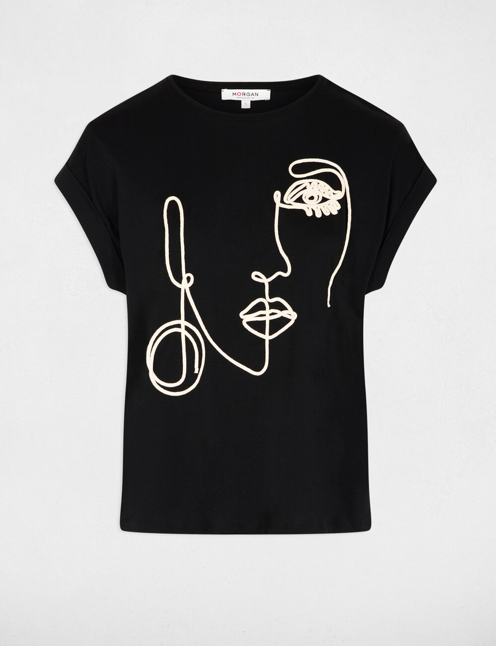 T-shirt broderie visage noir femme
