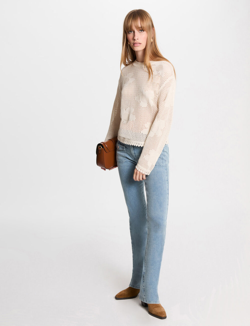 Pull col rond ajouré ivoire femme
