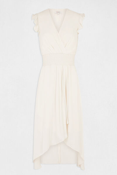 Robe midi évasée fluide drapée smockée ecru moyen femme