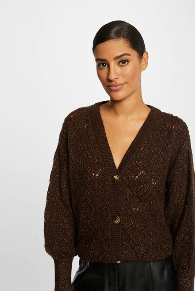 Gilet manches longues à détails ajourés marron femme