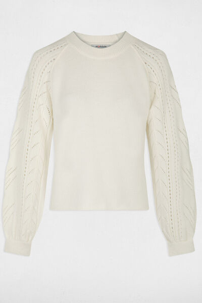 Pull manches longues détails ajourés ivoire femme