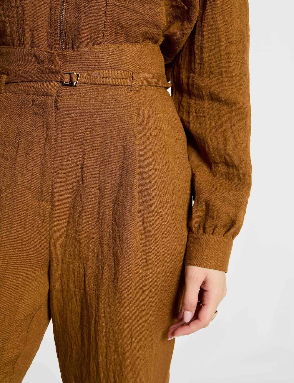 Pantalon carotte taille haute camel femme