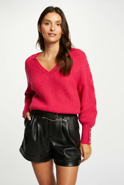 Pull manches longues col en V rose moyen femme