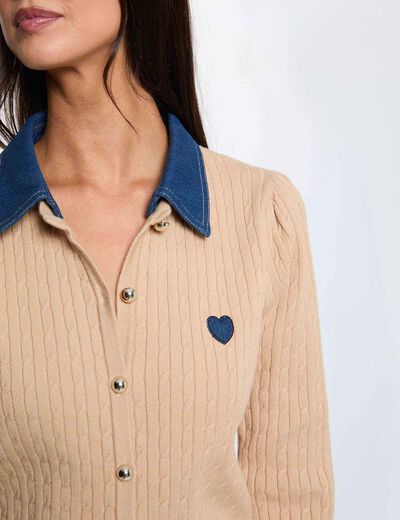 Pull col revers boutons camel femme