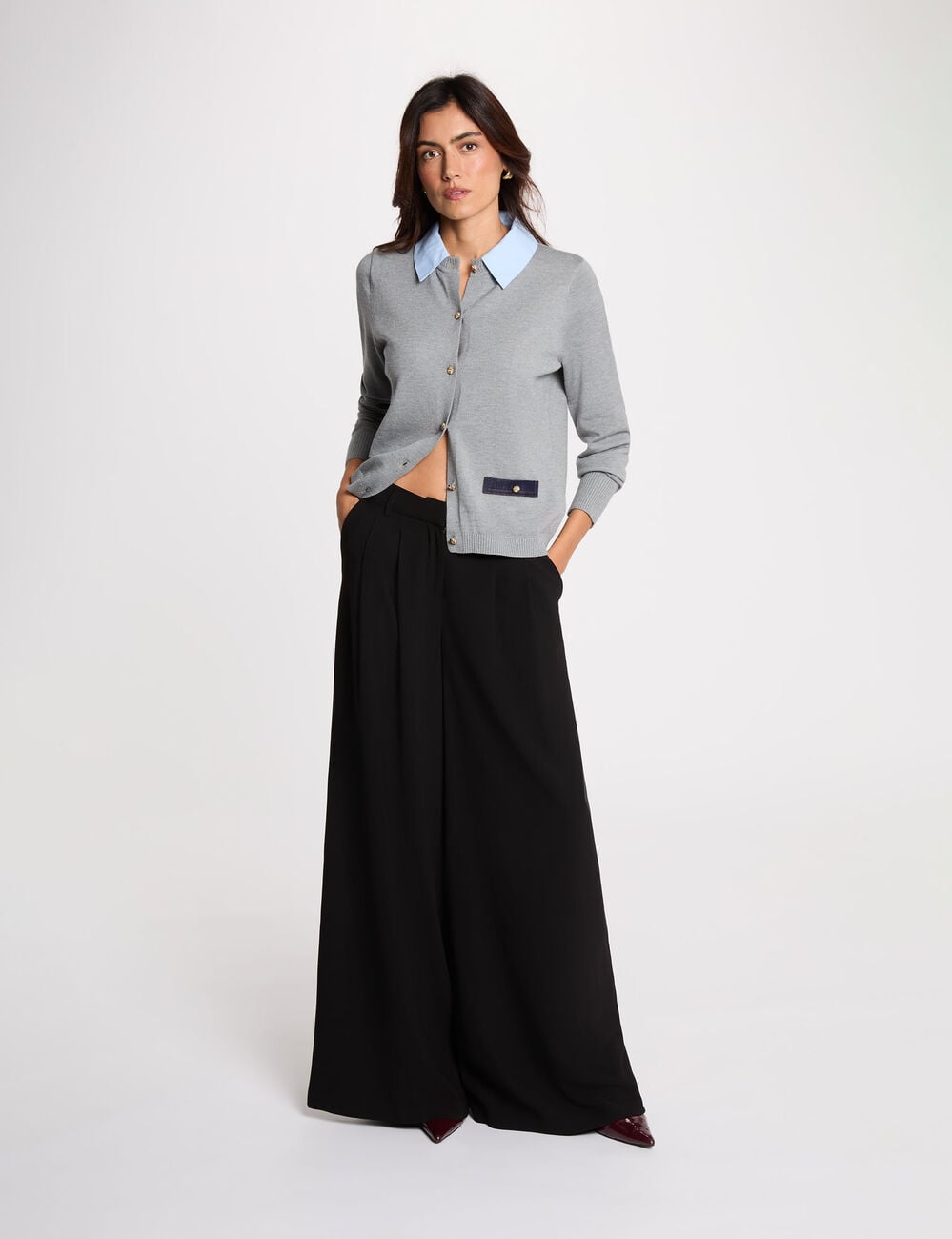 Pull col &agrave; revers gris clair femme