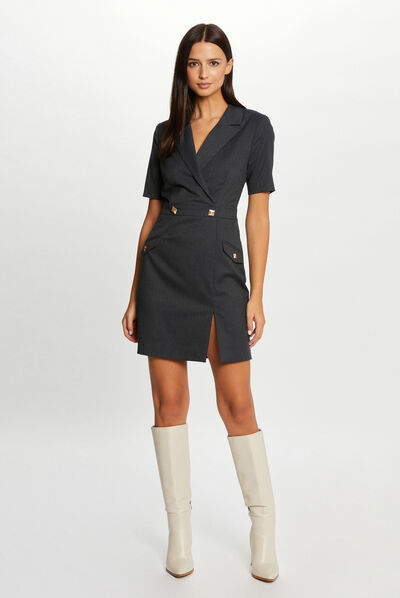 Robe ajustée manches courtes à rayures gris anthracite femme
