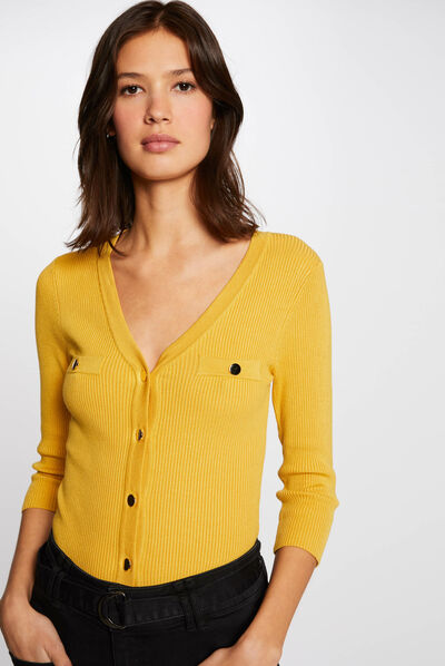 Pull manches 3/4 boutonné jaune femme