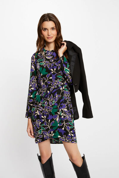 Robe droite col rond imprimé végétal multico femme