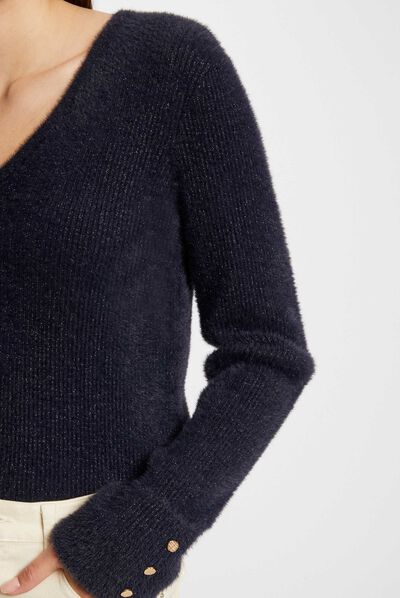 Pull manches longues avec col en V marine femme