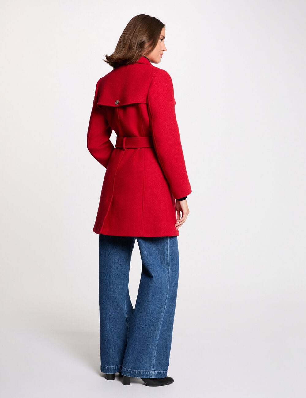 Manteau long ceintur&eacute; rouge femme