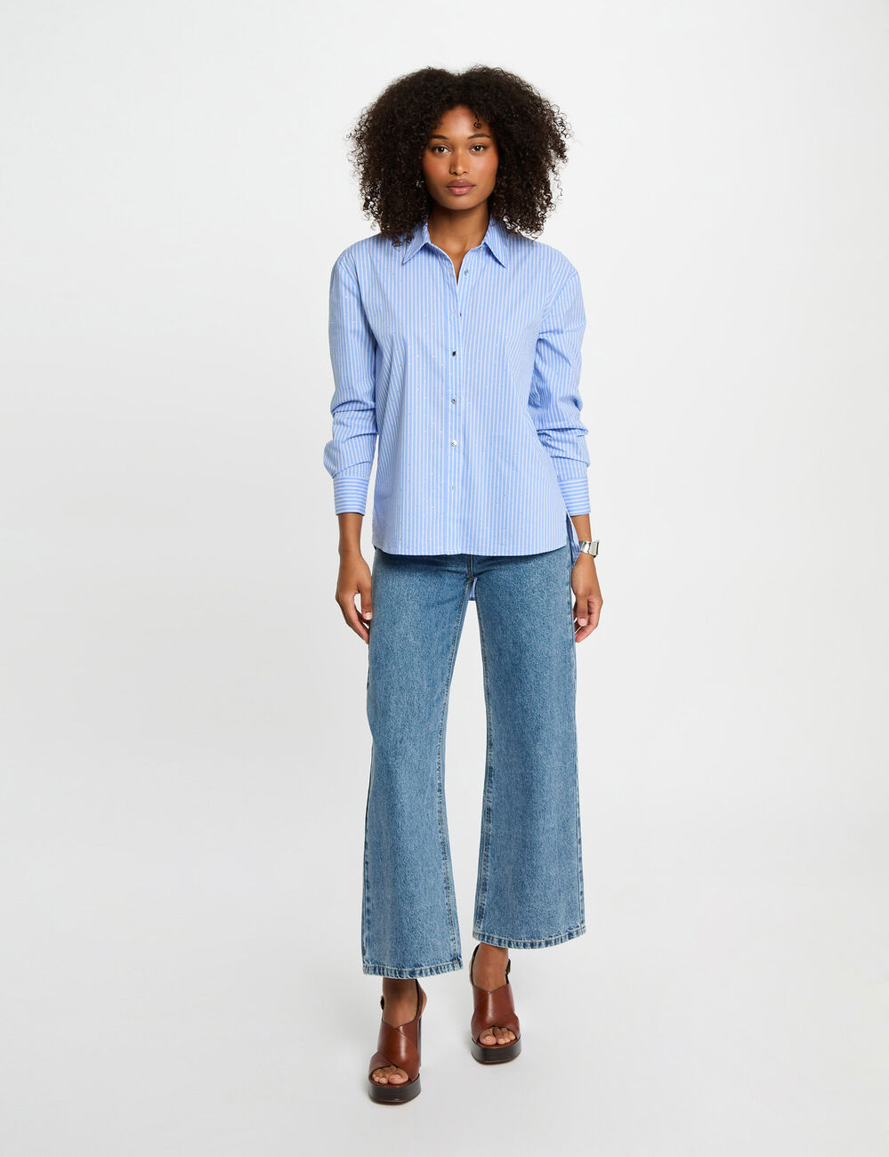 Chemise manches longues rayée bleu ciel femme