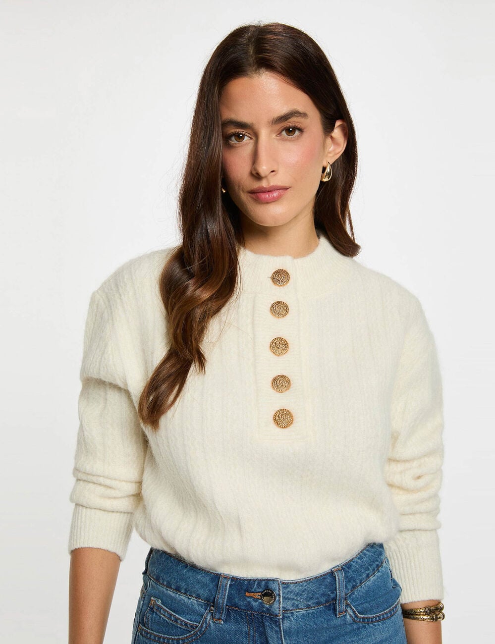 Pull court col montant ivoire femme