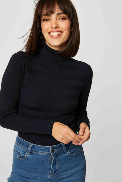 Pull manches longues col roulé marine femme