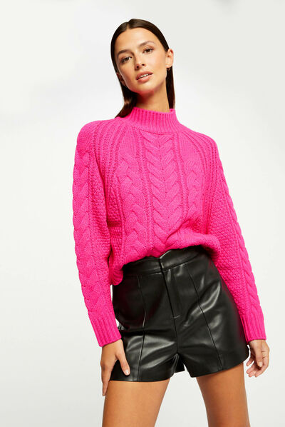 Pull manches longues col montant rose moyen femme