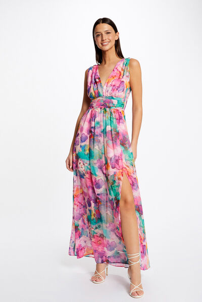 Robe longue cintr&eacute;e imprim&eacute; floral multico femme