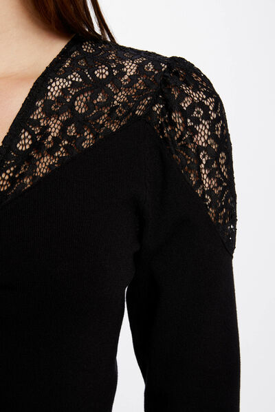 Pull manches longues à dentelle noir femme