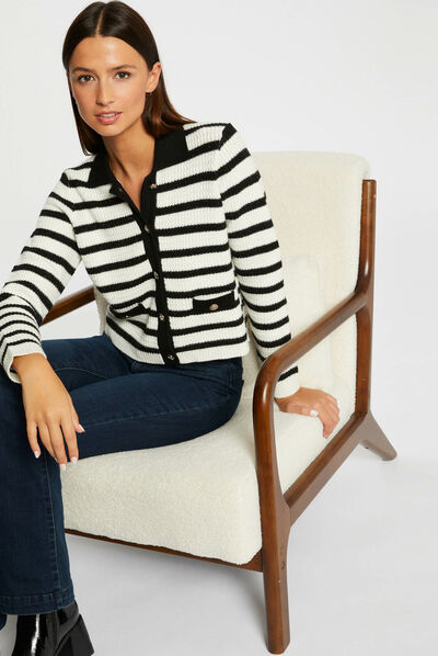 Gilet droit boutonné à rayures ecru femme