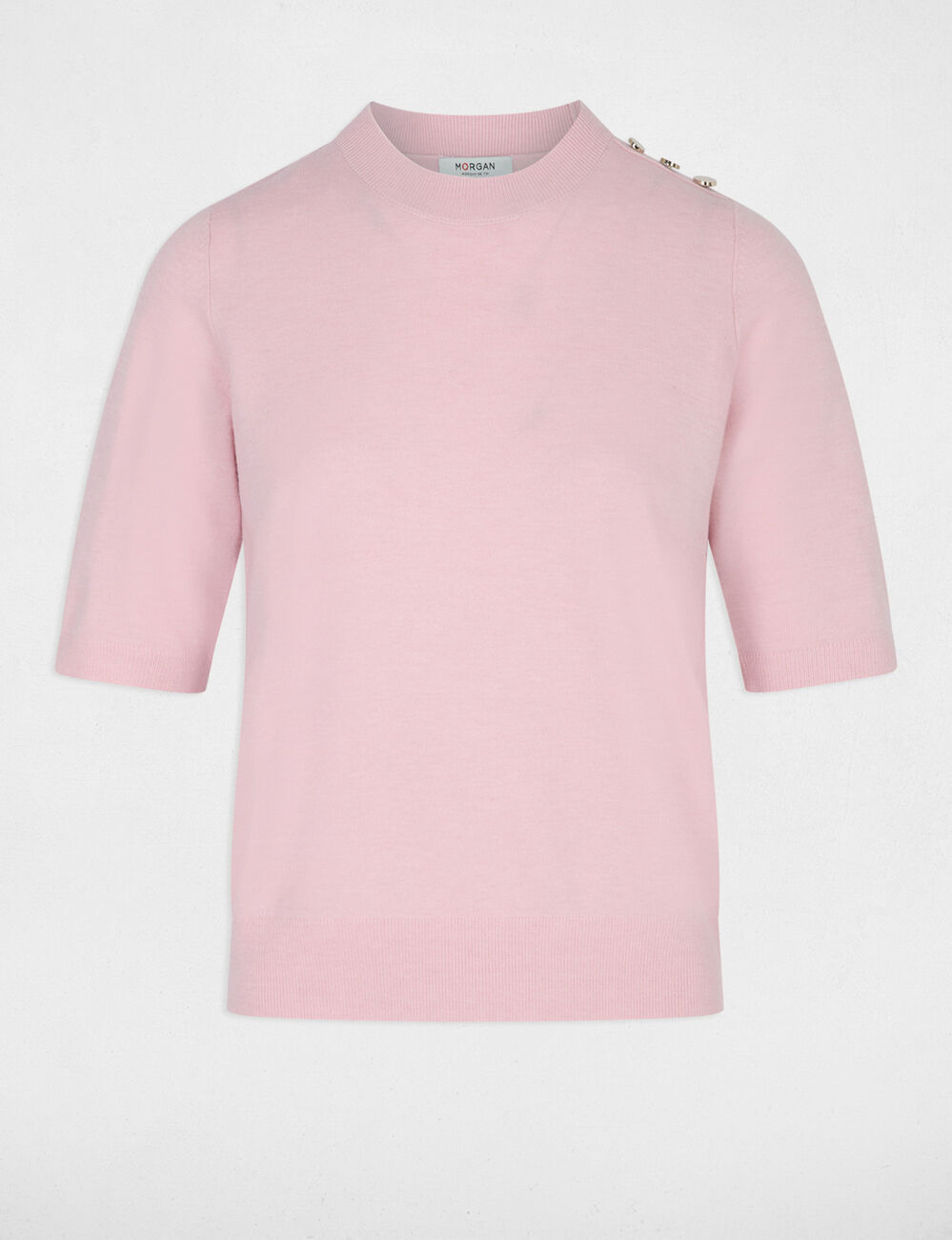 Pull col rond manches courtes rose pastel femme