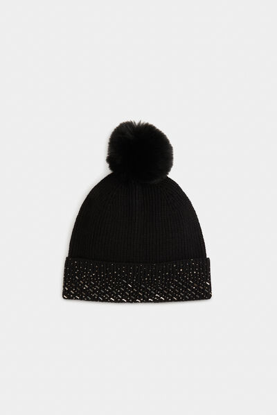 Bonnet avec strass et pompon noir femme