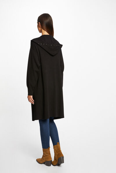 Gilet long à capuche avec clous noir femme