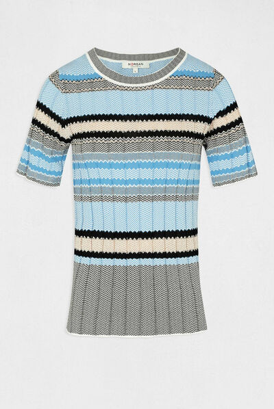 Pull manches courtes à rayures ciel femme