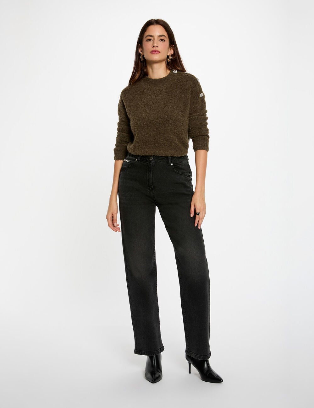 Pull col montant et boutons vert kaki femme