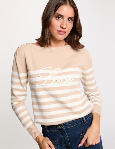 Pull ray&eacute; brod&eacute; marron clair femme
