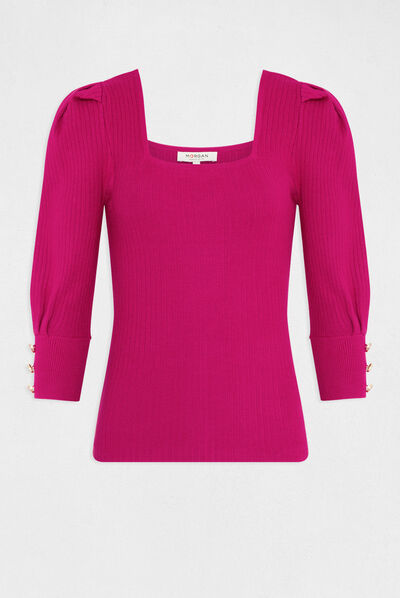 Pull manches 3/4 bouffantes framboise femme