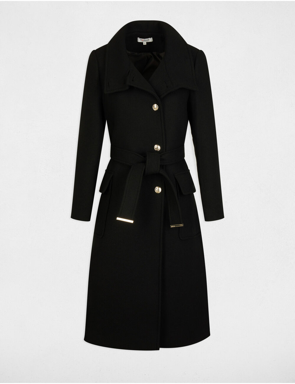 Manteau long ceintur&eacute; noir femme