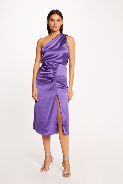 Jupe droite satin fendue violet femme