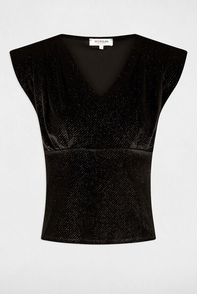 T-shirt manches courtes à paillettes noir femme
