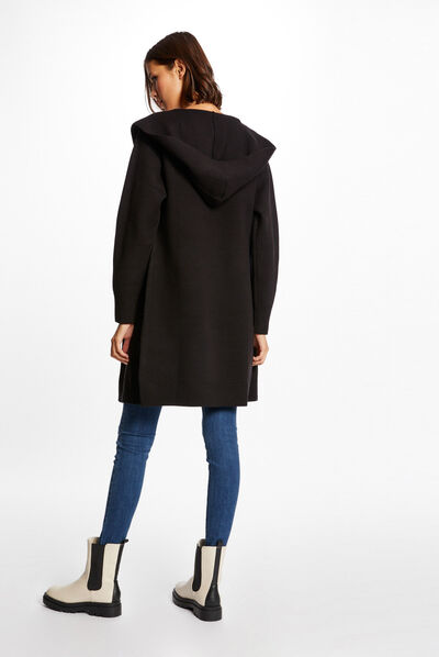 Gilet long à capuche et détails chaînes noir femme