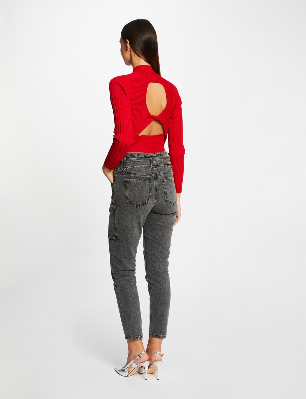 Pull manches longues avec dos ouvert rouge moyen femme
