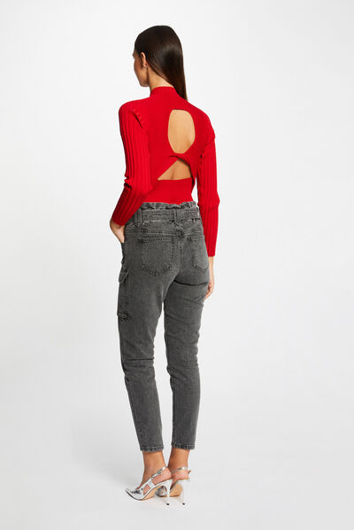 Pull manches longues avec dos ouvert rouge moyen femme