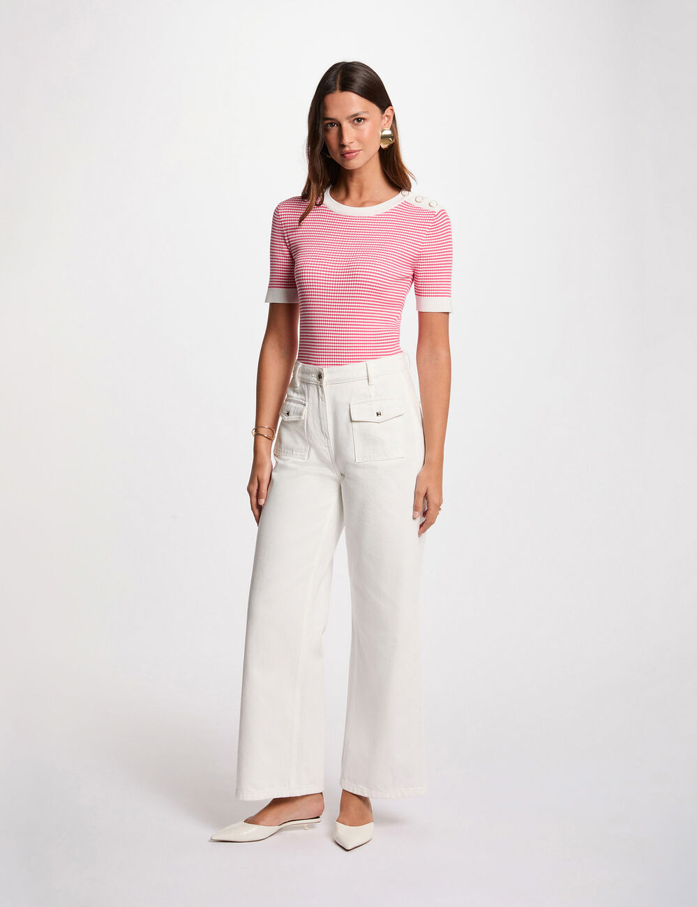 Pull col rond ray&eacute; rose fushia femme
