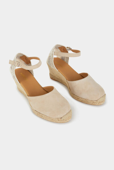 Espadrilles compensées en cuir beige femme