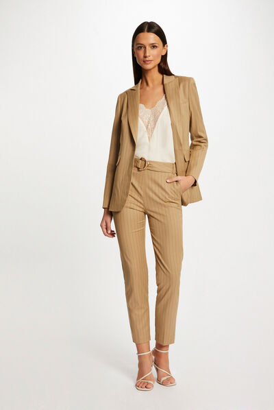 Pantalon cigarette 7/8ème à rayures beige femme