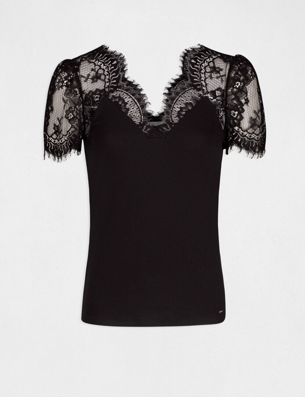 T-shirt manches courtes &agrave; dentelle noir femme