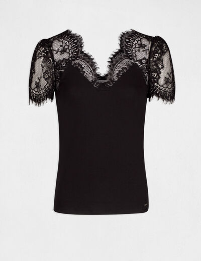 T-shirt manches courtes &agrave; dentelle noir femme