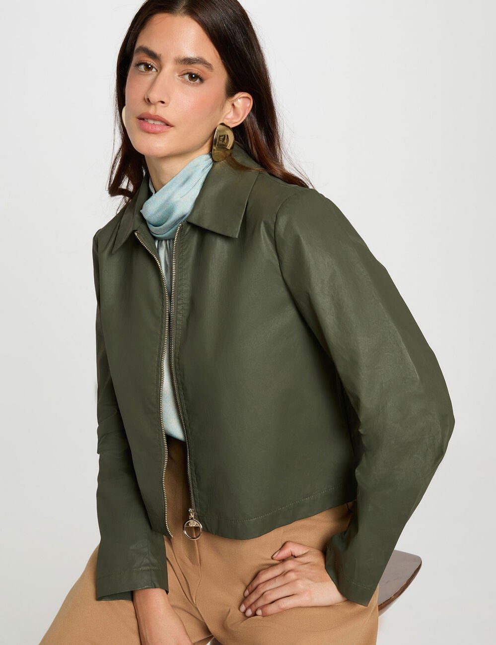 Veste courte zipp&eacute;e vert kaki femme