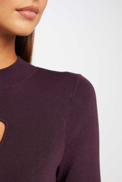 Pull manches longues avec ouverture prune femme