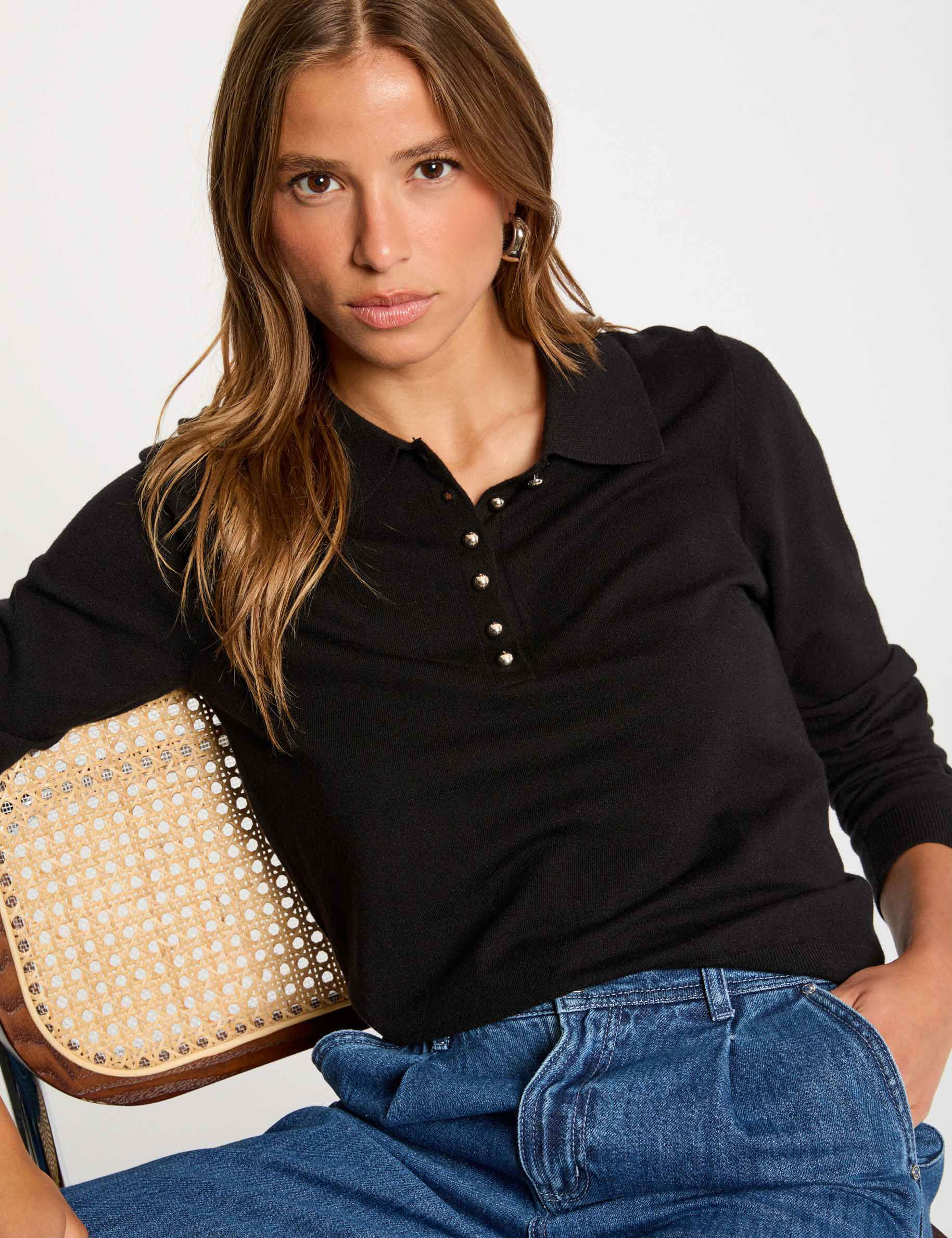 Pull col polo manches longues femme