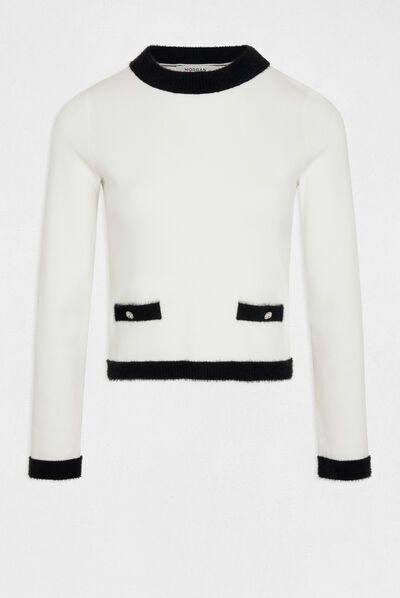 Pull manches longues à col rond ecru femme