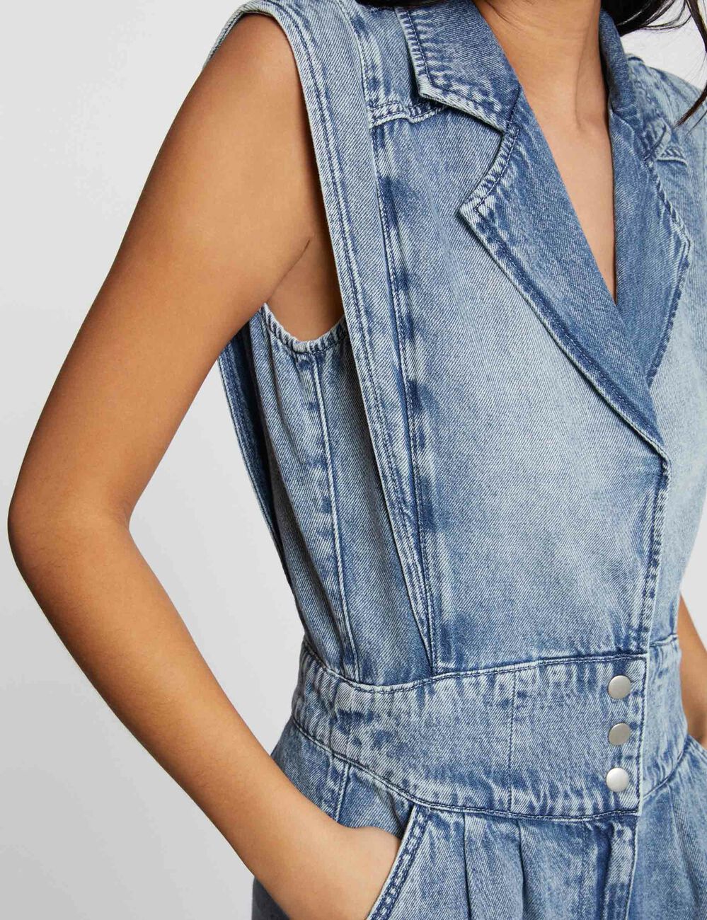 Combishort jean sans manches jean bleached femme