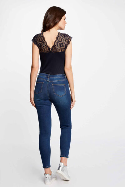 T-shirt manches courtes à dentelle marine femme