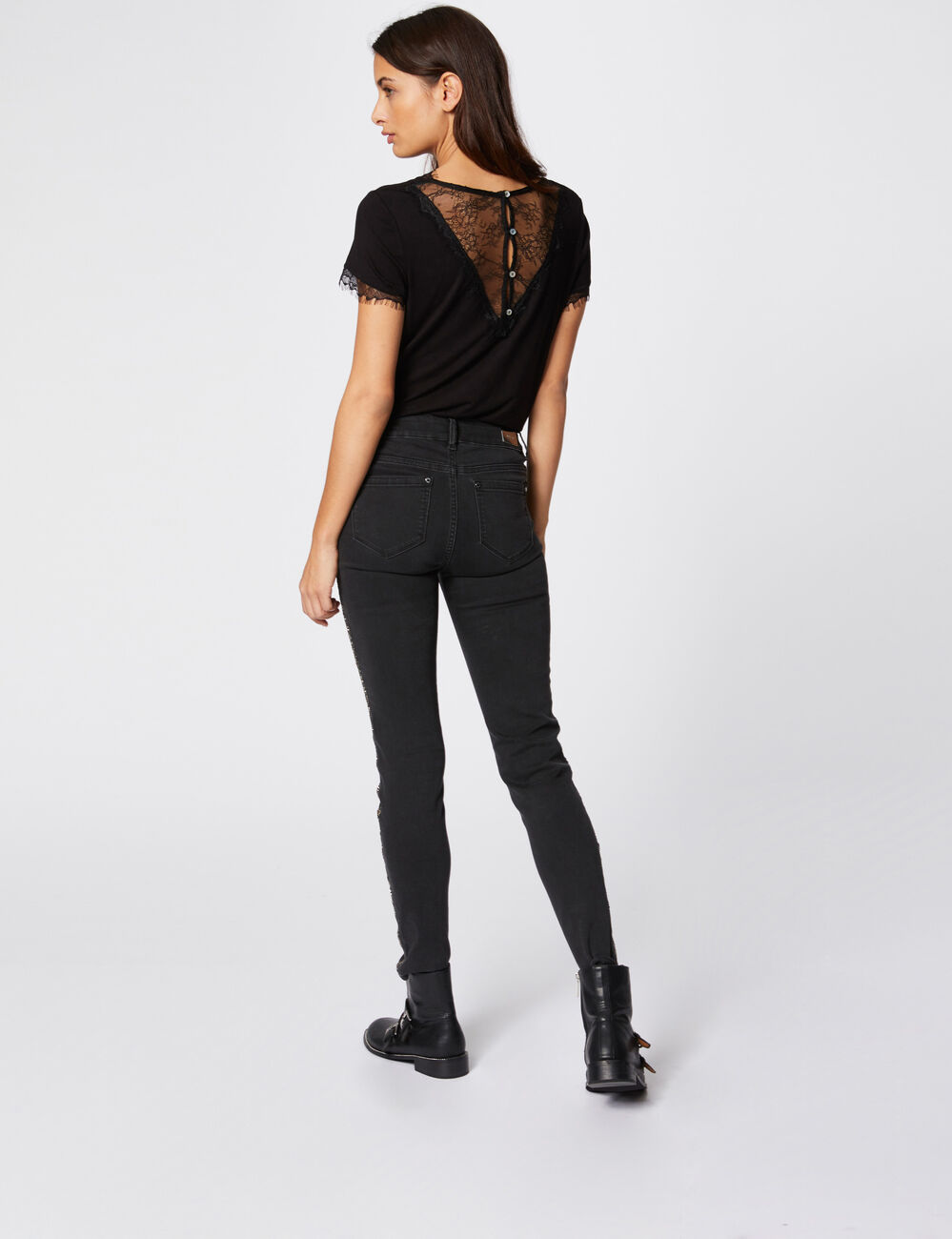 T-shirt col V &agrave; dos boutonn&eacute; en dentelle noir femme