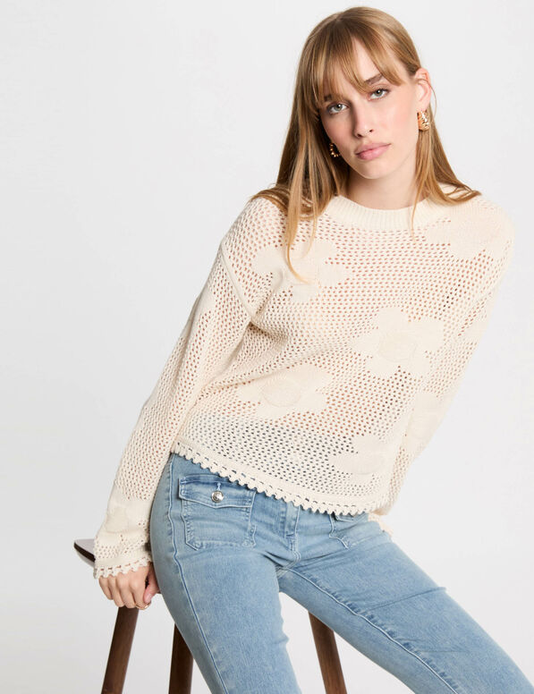 pull col rond ajoure ivoire femme Pull col rond ajouré ivoire femme