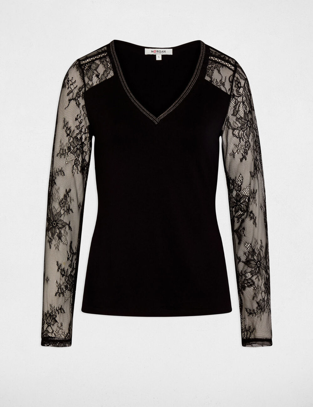 T-shirt dentelle col v noir femme